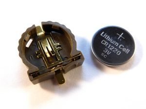 CR1220 lithium button cell and Harwin button cell holder - smarter electronics by universal solder