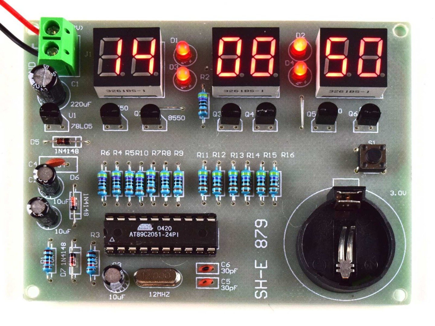 DIY Kit Module AT89C2051 6 Digital LED Electronic Clock Parts 90MM*70MM K6 