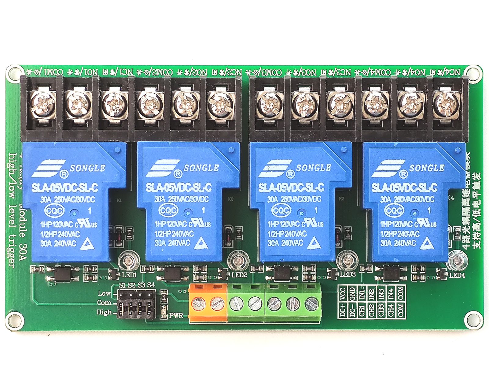 4 Relay Board 30A 250V – Optoisolated Inputs 3-24V – 5V DC Supply 5
